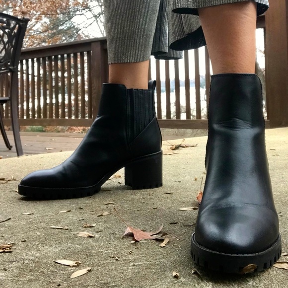 sock style heeled ankle boots with lug soles